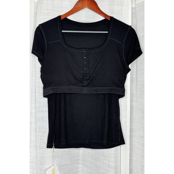 OGL Move Black Round Neck Henley Sz Large Brami Top Cap Sleeve Built in Bra NEW - Picture 5 of 5